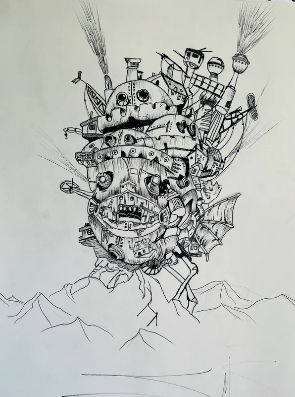 Tuschzeichnung: Schloss Howl aus Schloss im Himmel