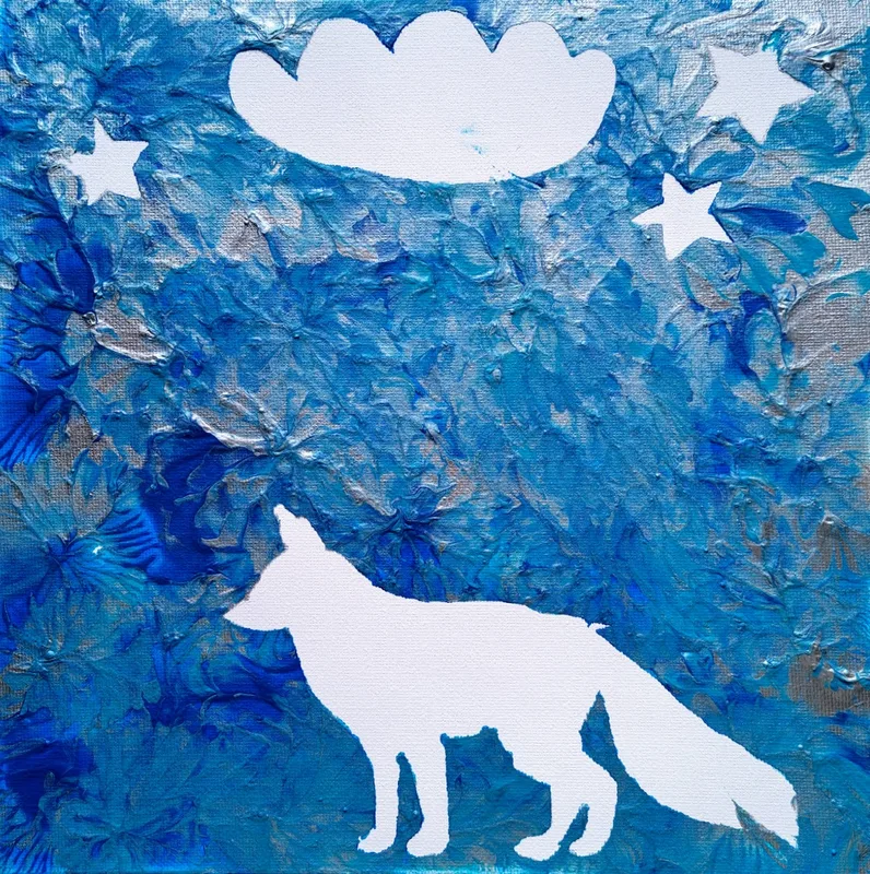 Acrylmalerei: Fuchs-Silhouette auf blauem Hintergrund